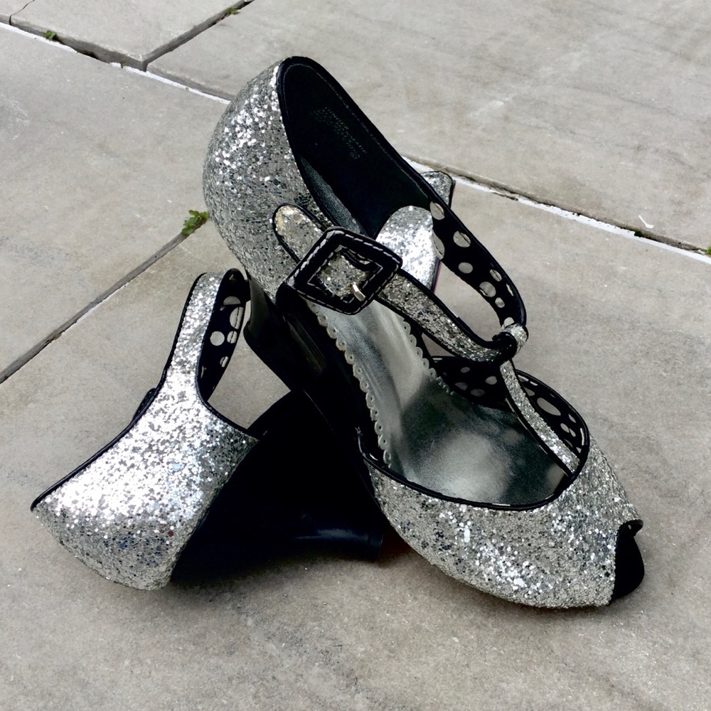 Silver Glitter, T-strap, Peep-toe Wedges by Kenzie
